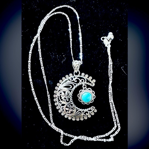Genuine Blue Ridge Turquoise Crescent Moon SS Pendant on SS Chain Necklace NWT - Picture 3 of 12
